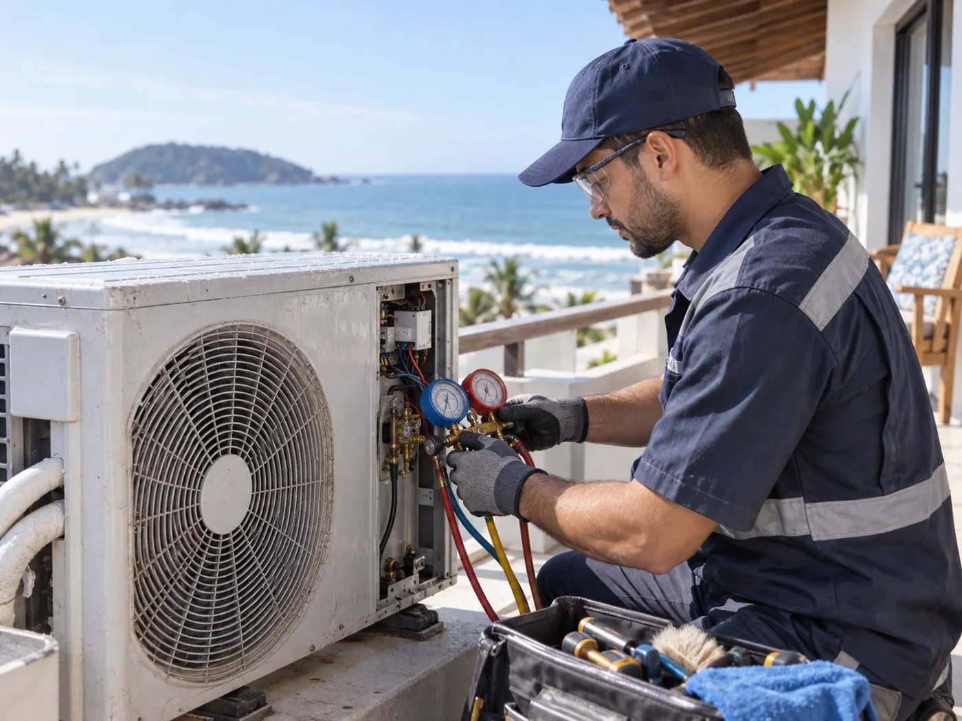 Técnico medindo o gás de uma condensadora instalada em uma varanda de frente para o mar
